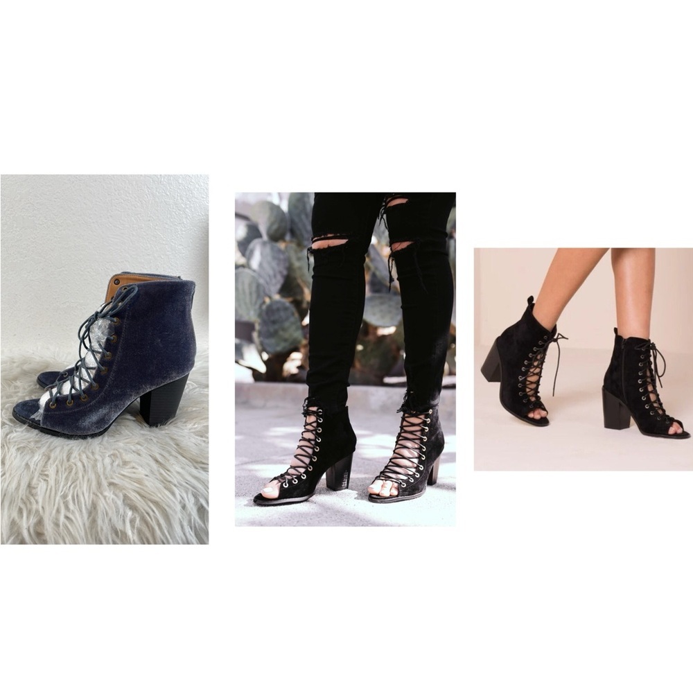 YOKI Brie Lace Up Stacked Heel Peep Toe Gray/Blue Ankle Booties Boots Sz 8.5 NEW